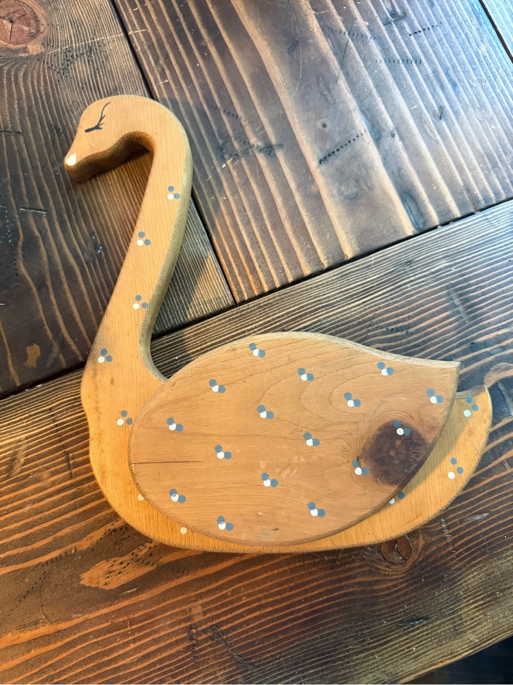 Handpainted Wooden Swan Wall Decor - Natural Wood with Blue Dots